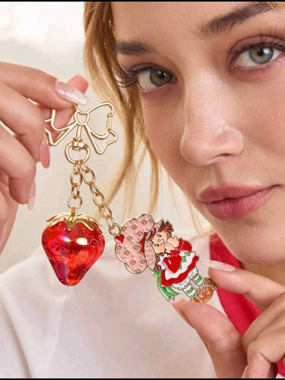 Gold Bow Keychain with Red Strawberry Charm and Character Pendant